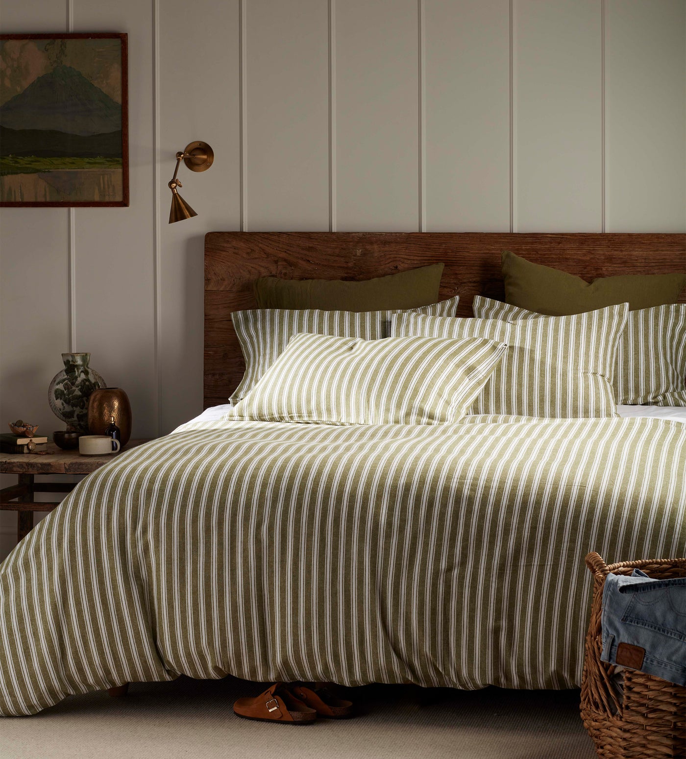 Olive Green Fred Stripe Brushed 100% Organic Cotton Pillowcase