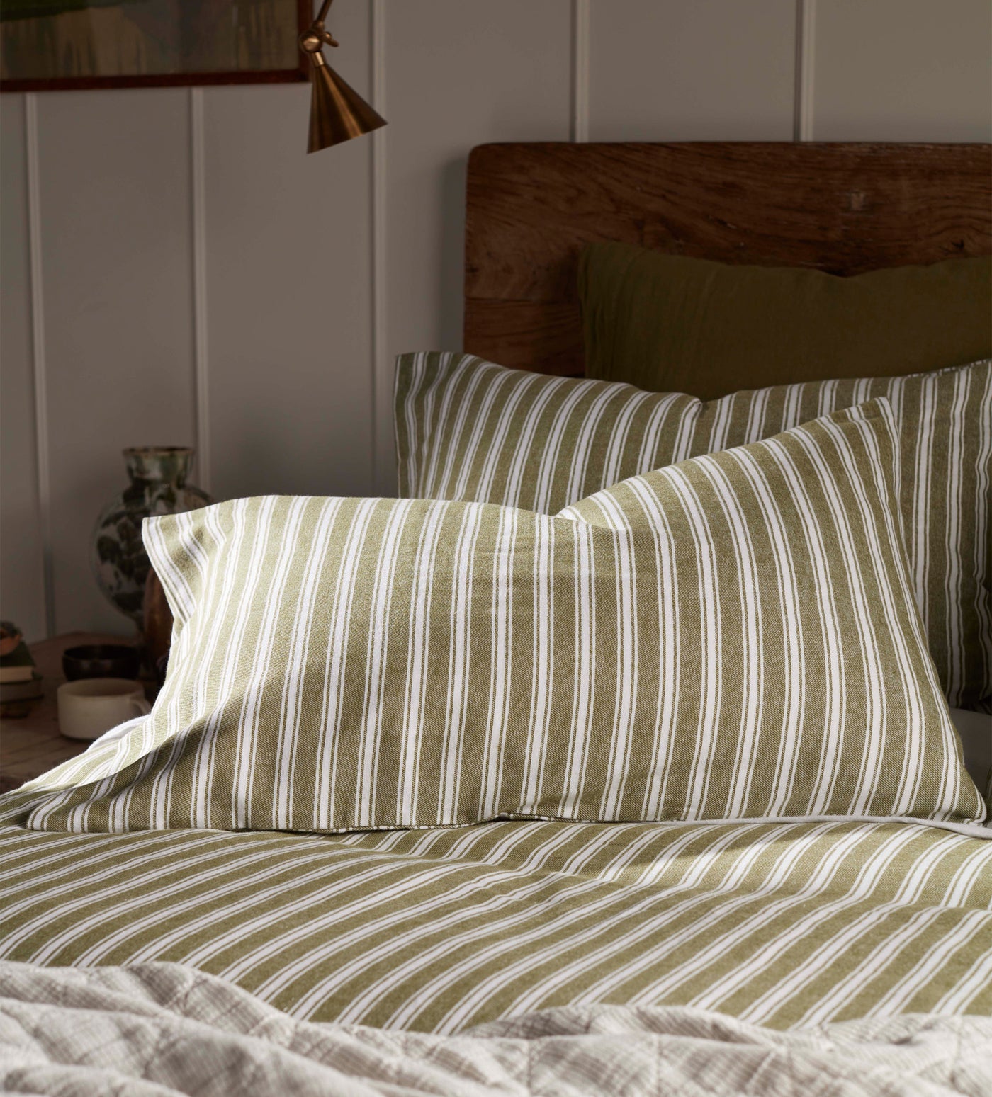 Olive Green Fred Stripe Brushed 100% Organic Cotton Bed Linen