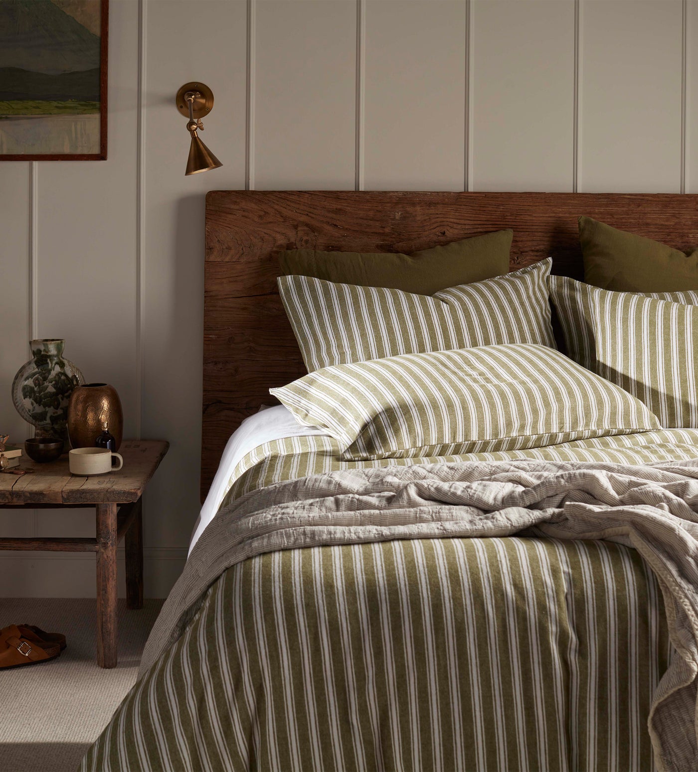 Olive Green Fred Stripe Brushed 100% Organic Cotton Bed Linen