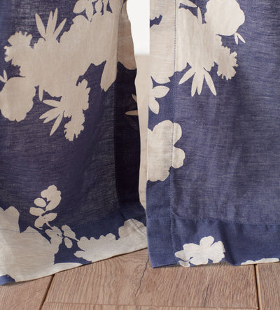 Ink Blue Flower Press Linen Blend Loop Top Curtain (Single)