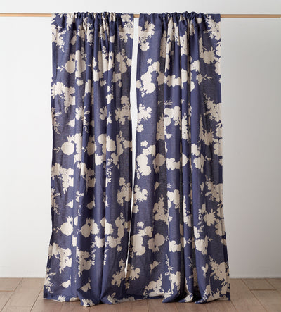 Ink Blue Flower Press Linen Blend Loop Top Curtain (Single)