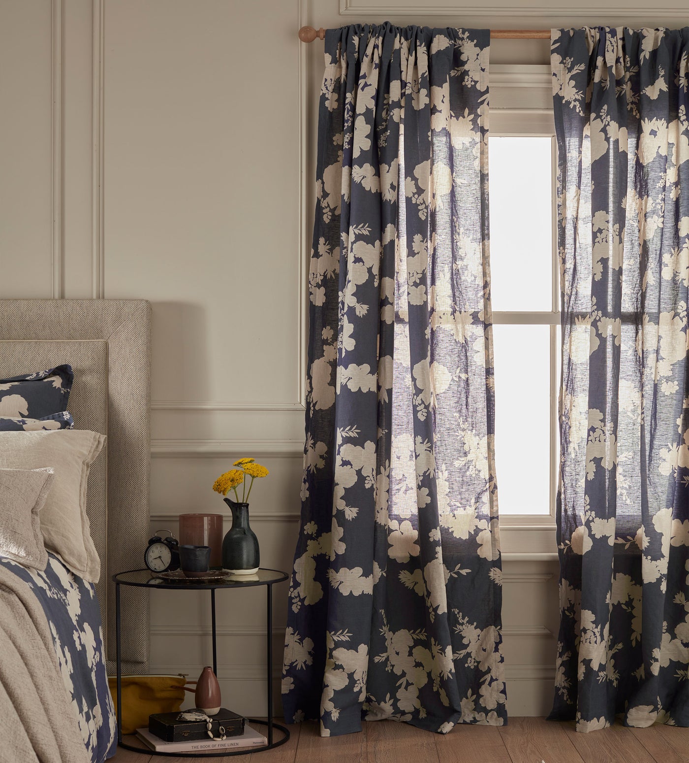 Ink Blue Flower Press Linen Blend Loop Top Curtain (Single)