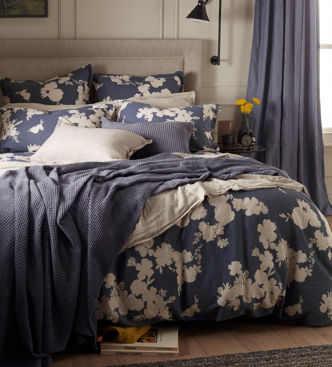 Ink Blue Flower Press Linen Blend Duvet Cover