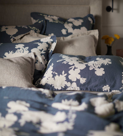 Ink Blue Flower Press Linen Blend Duvet Cover