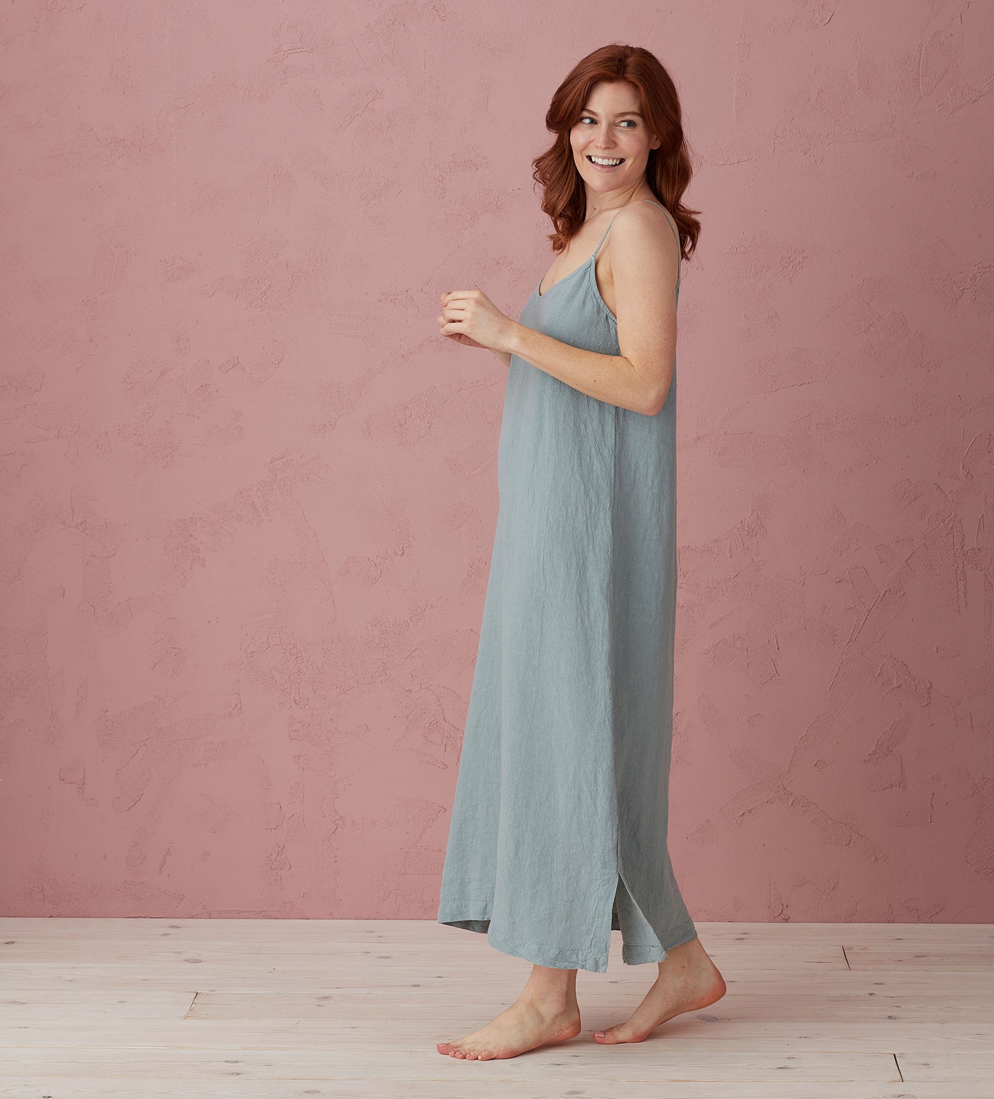 Teal Willa 100% Linen Long Cami Nightie